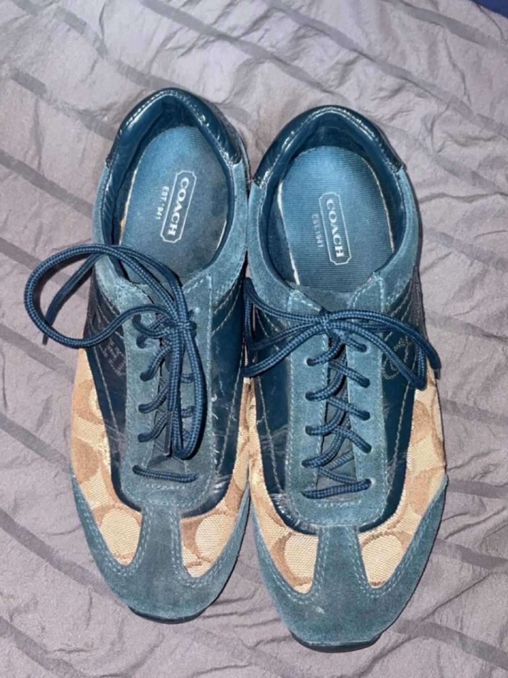 Coach Two-Tone Navy and Tan Signature Lace-Up Sneakers